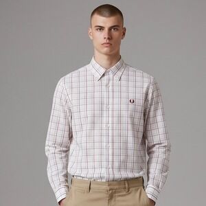 Fred Perry Button Down Shirt Mens Medium White Red Blue Check Fair M2296